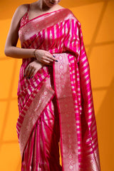 Rani Pink Handloom Satin Silk Banarasi Saree with Gold Zari Floral Stripes