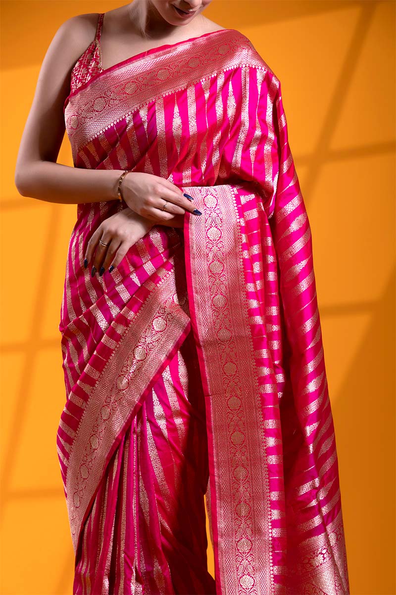 Rani Pink Handloom Satin Silk Banarasi Saree with Gold Zari Floral Stripes