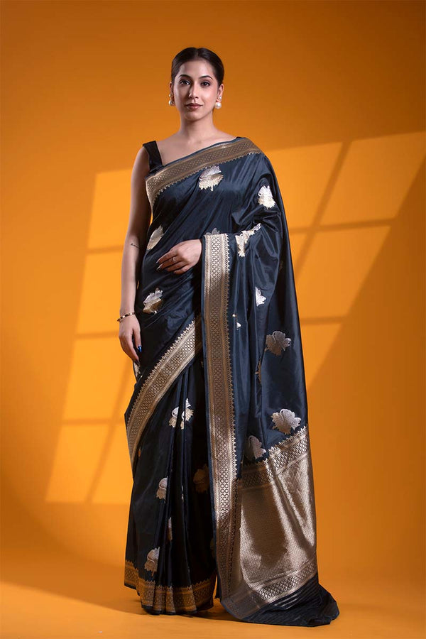 Banarasi Silk Saree, Banarasi saree, silk saree, Grey saree, Black saree, wedding saree, party wear saree​, handloom saree, pure silk saree