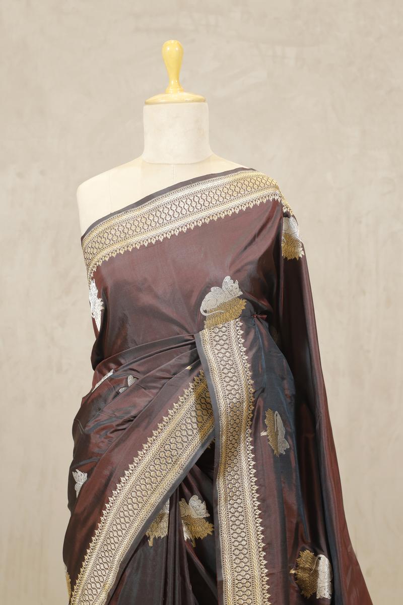 Cocoa Brown Katan Silk Banarasi Saree with Bastet Motifs