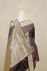 Cocoa Brown Katan Silk Banarasi Saree with Bastet Motifs