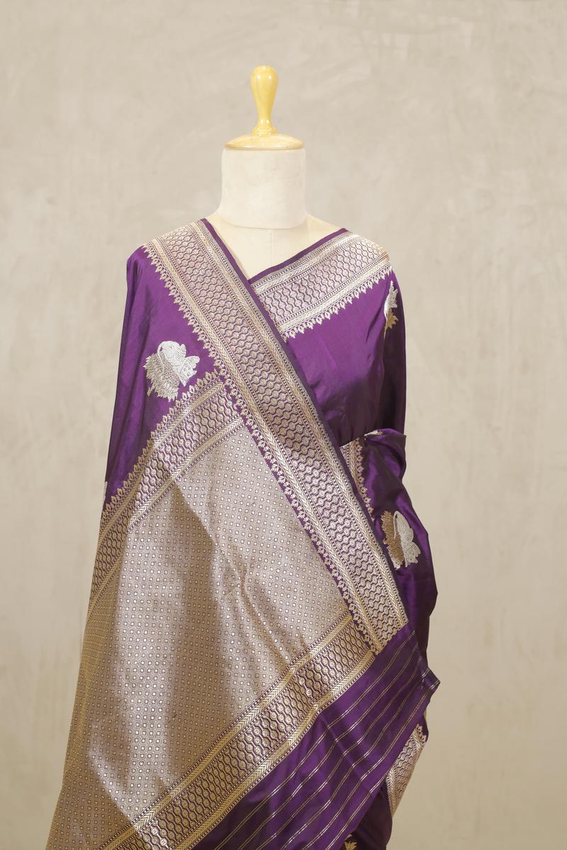 Deep Purple Katan Silk Banarasi Saree with Bastet Motifs