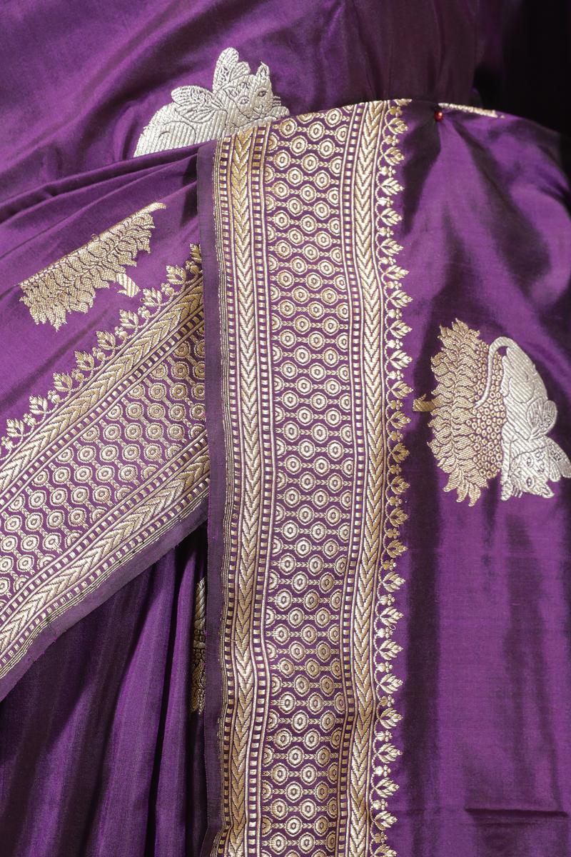 Deep Purple Katan Silk Banarasi Saree with Bastet Motifs