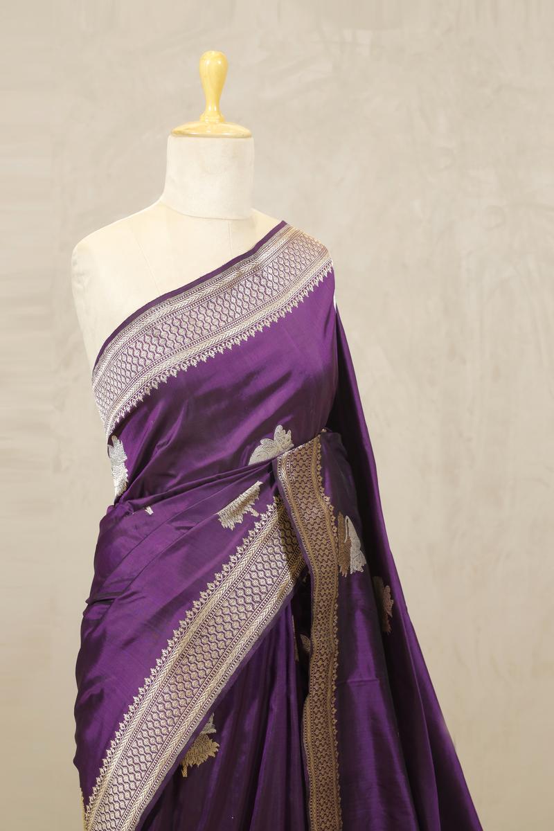 Deep Purple Katan Silk Banarasi Saree with Bastet Motifs