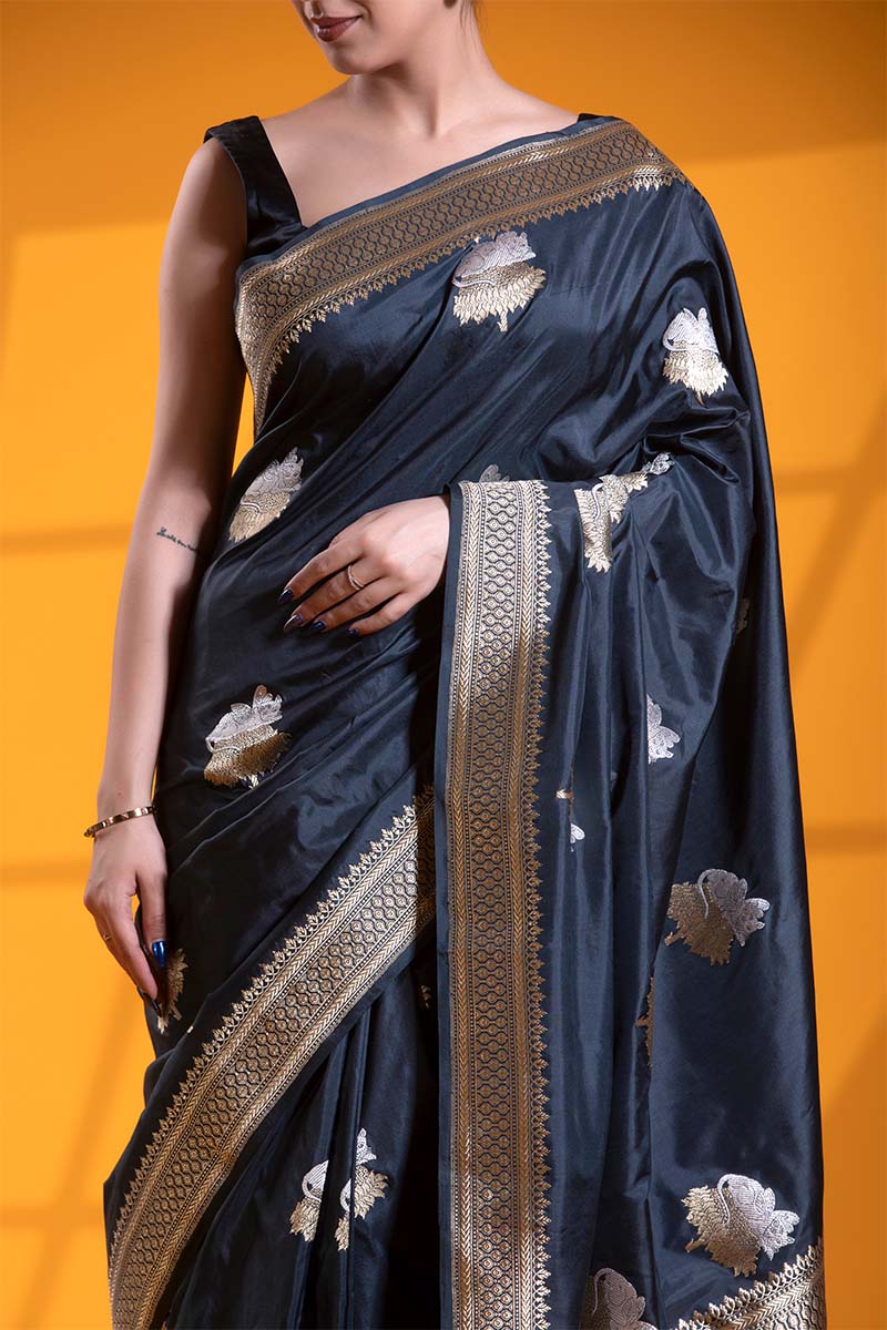 Charcoal Grey Katan Silk Banarasi Saree with Bastet Motifs