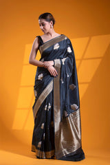 Charcoal Grey Katan Silk Banarasi Saree with Bastet Motifs