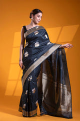 Charcoal Grey Katan Silk Banarasi Saree with Bastet Motifs