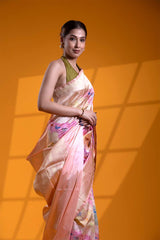 Baby Pink Handloom Katan Silk Banarasi Saree with Tanchoi Shikargah Motifs