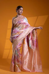 Baby Pink Handloom Katan Silk Banarasi Saree with Tanchoi Shikargah Motifs