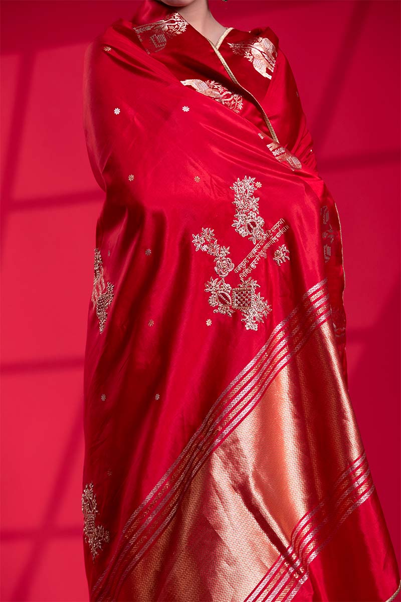 Red Handloom Banarasi Saree with Ganesh Mantra Hand-Embroidery