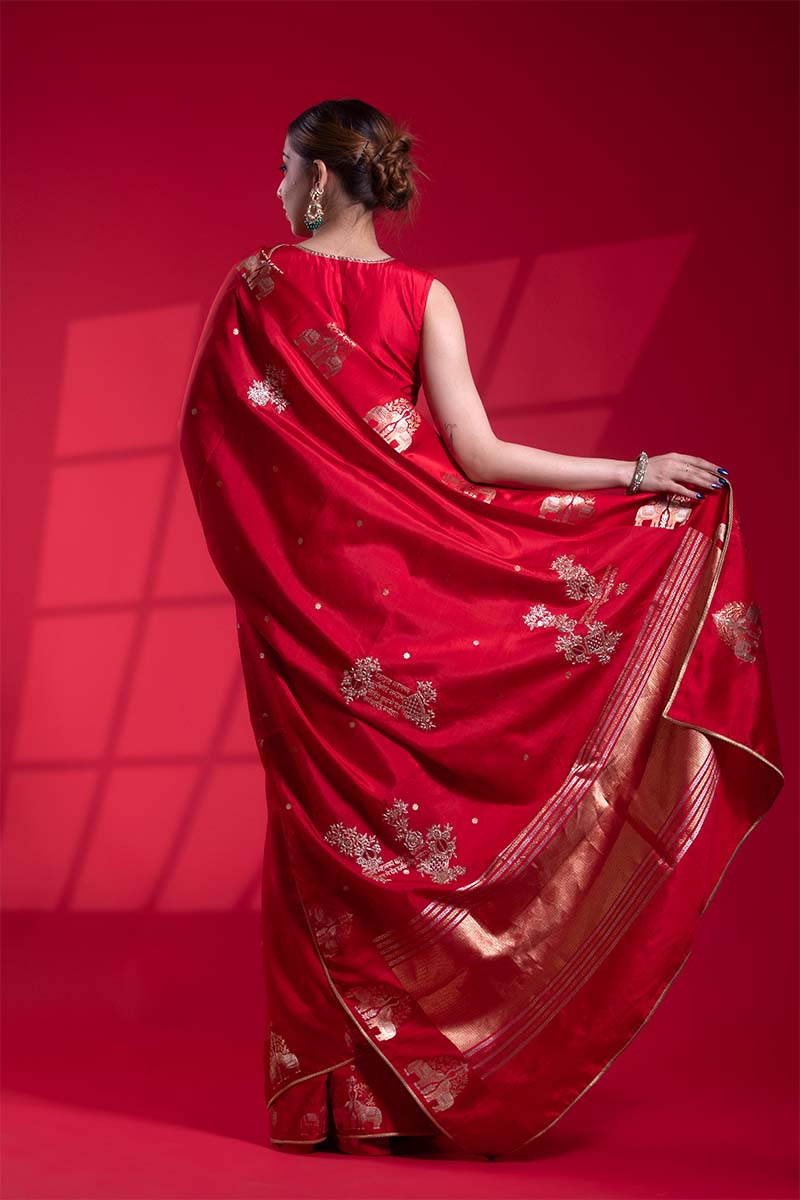 Red Handloom Banarasi Saree with Ganesh Mantra Hand-Embroidery