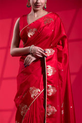 Red Handloom Banarasi Saree with Ganesh Mantra Hand-Embroidery