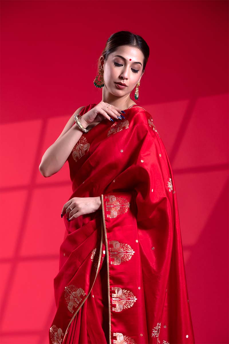 Red Handloom Banarasi Saree with Ganesh Mantra Hand-Embroidery