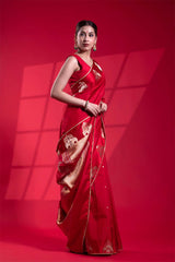 Red Handloom Banarasi Saree with Ganesh Mantra Hand-Embroidery