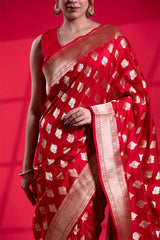 Red Handloom Katan Silk Banarasi Saree with Royal Ethnic Motifs