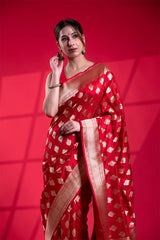 Red Handloom Katan Silk Banarasi Saree with Royal Ethnic Motifs