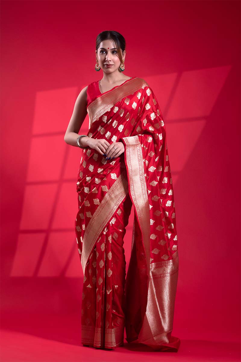 Red Handloom Katan Silk Banarasi Saree with Royal Ethnic Motifs