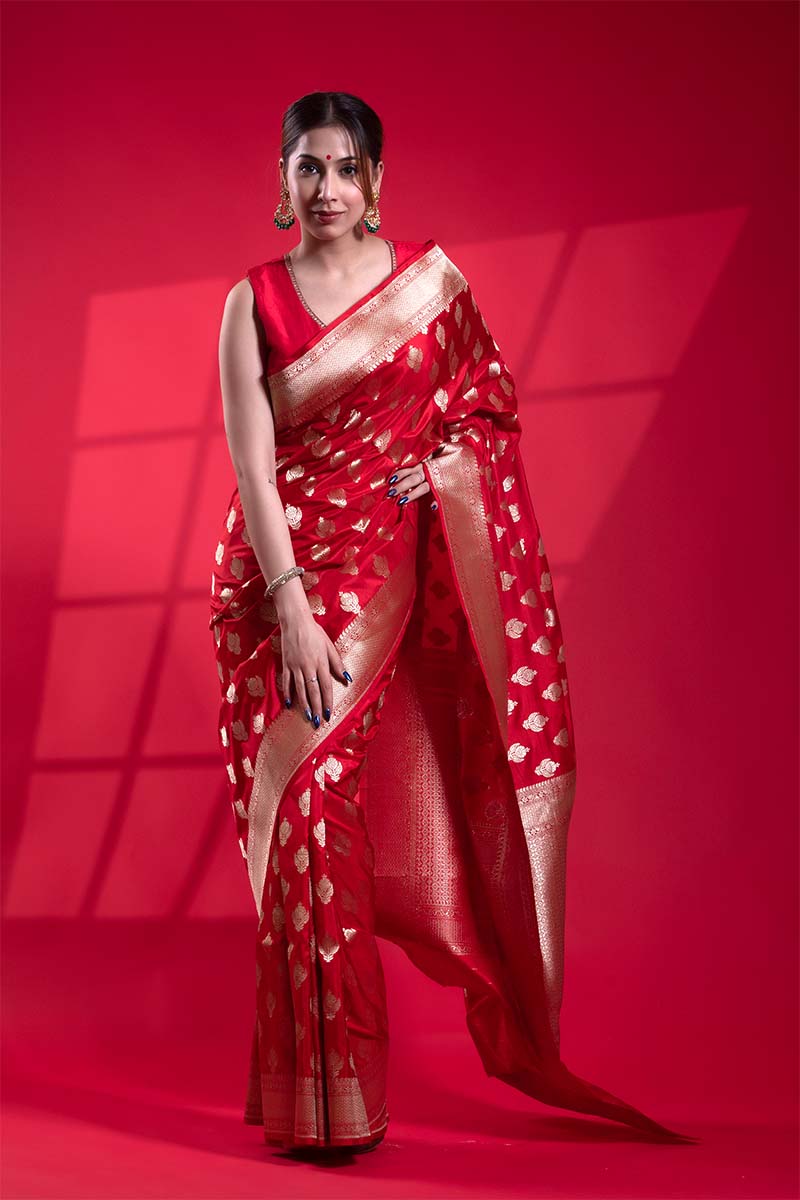 Red Handloom Katan Silk Banarasi Saree with Royal Ethnic Motifs