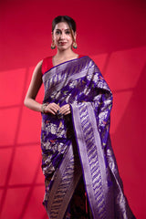 Purple Handloom Banarasi Saree with Bird Floral Motifs