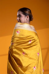 Yellow Banarasi Saree with Meenakari Flamingo Motifs