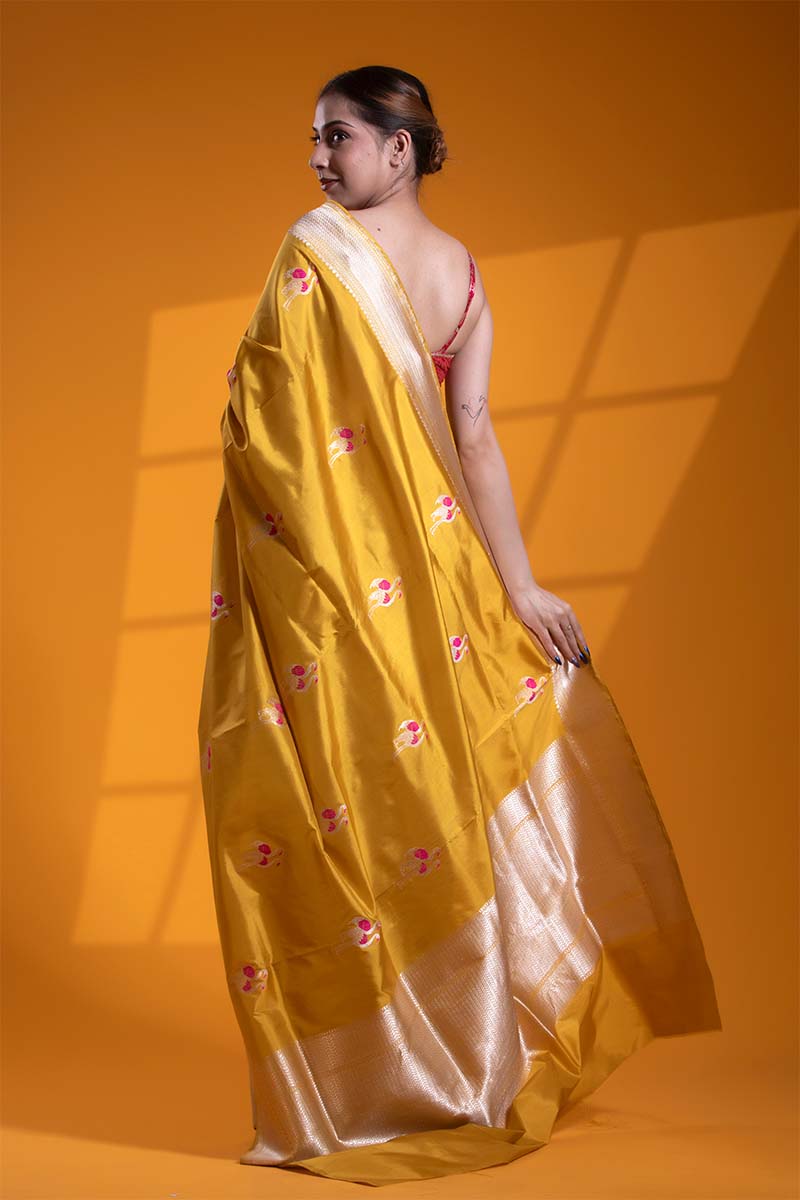 Yellow Banarasi Saree with Meenakari Flamingo Motifs