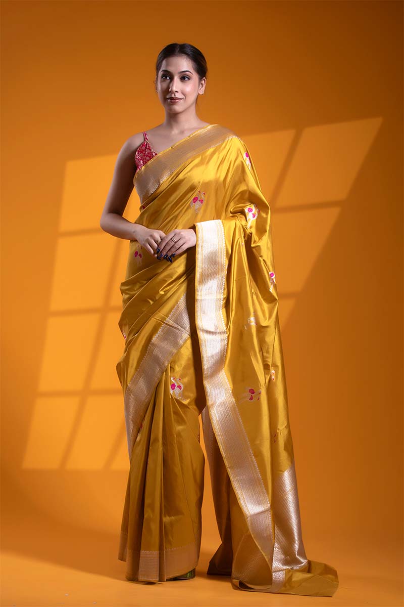 Banarasi Silk Saree, Banarasi saree, silk saree, yellow saree, wedding saree, party wear saree​