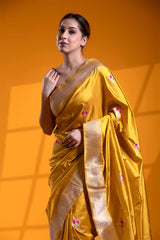 Yellow Banarasi Saree with Meenakari Flamingo Motifs