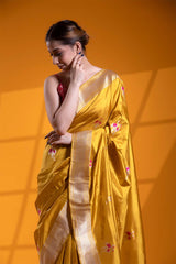 Yellow Banarasi Saree with Meenakari Flamingo Motifs