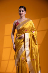 Yellow Banarasi Saree with Meenakari Flamingo Motifs