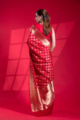 Red Katan Silk Banarasi Saree with Gold and Silver Zari Floral Work