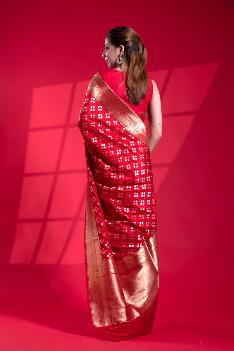 Red Katan Silk Banarasi Saree with Gold and Silver Zari Floral Work