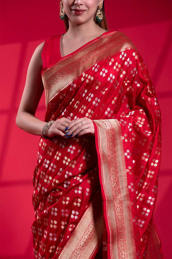 Red Katan Silk Banarasi Saree with Gold and Silver Zari Floral Work