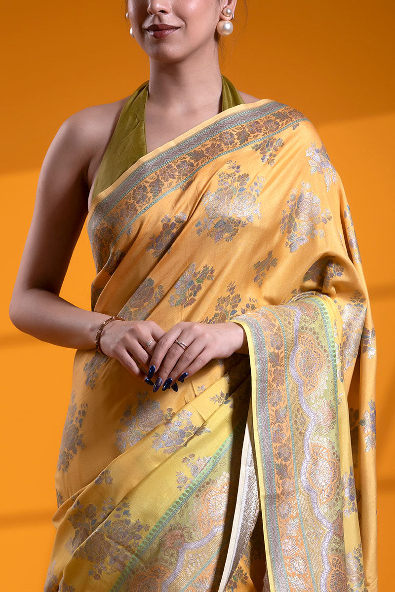 Yellow Katan Silk Banarasi Saree with Handwork Floral Rose Motifs