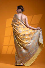 Yellow Katan Silk Banarasi Saree with Handwork Floral Rose Motifs