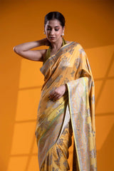 Yellow Katan Silk Banarasi Saree with Handwork Floral Rose Motifs