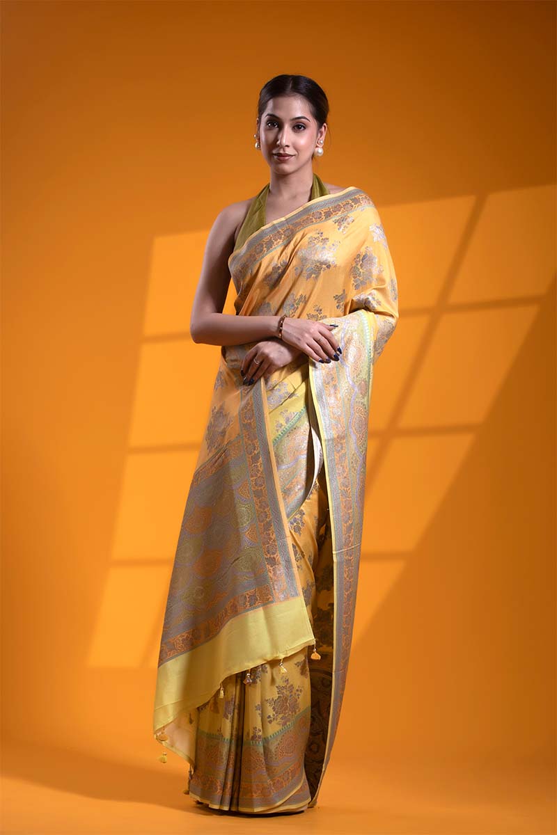 Yellow Katan Silk Banarasi Saree with Handwork Floral Rose Motifs