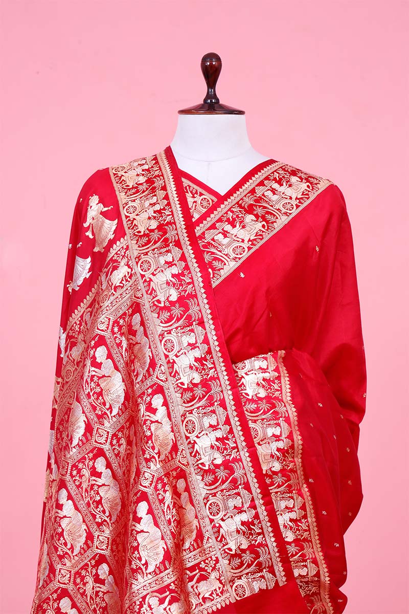 Red Banarasi Saree with Rajwada and Nartaki Motifs