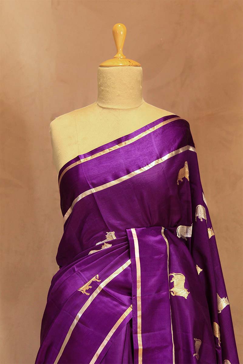 Dark Red Banarasi Puna Silk Saree with Pichwai Aghanya Motifs