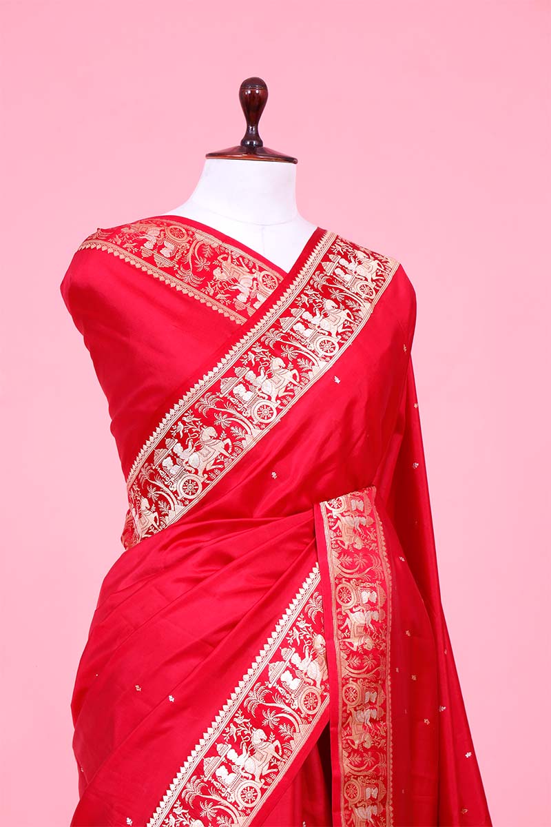 Red Banarasi Saree with Rajwada and Nartaki Motifs