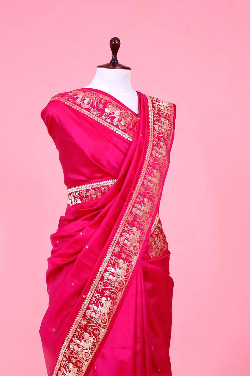 Magenta Pink Banarasi Saree with Rajwada and Nartaki Motifs