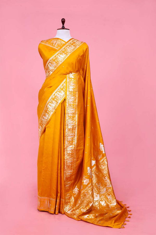 Banarasi Silk Saree, Banarasi saree, silk saree, yellow saree, wedding saree, party wear saree​