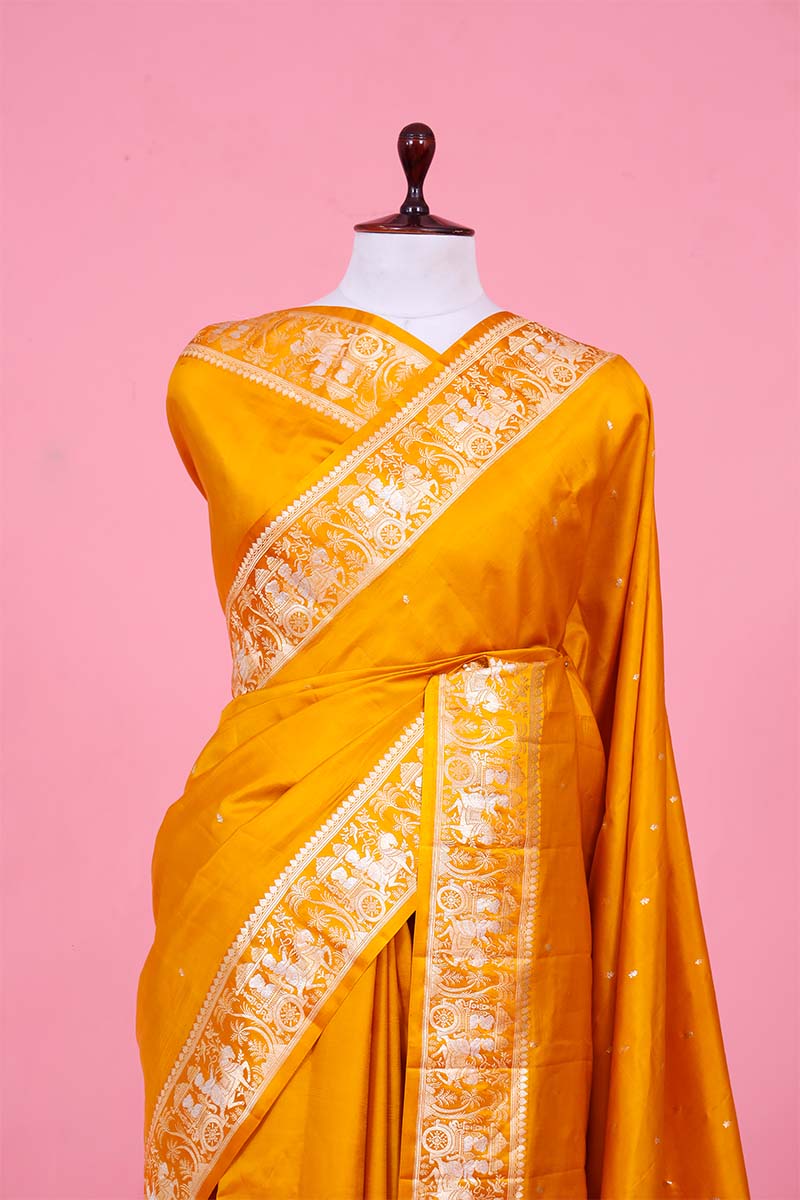 Yellow Banarasi Saree with Rajwada and Nartaki Motifs