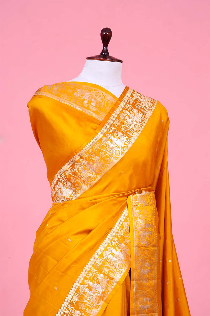 Yellow Banarasi Saree with Rajwada and Nartaki Motifs