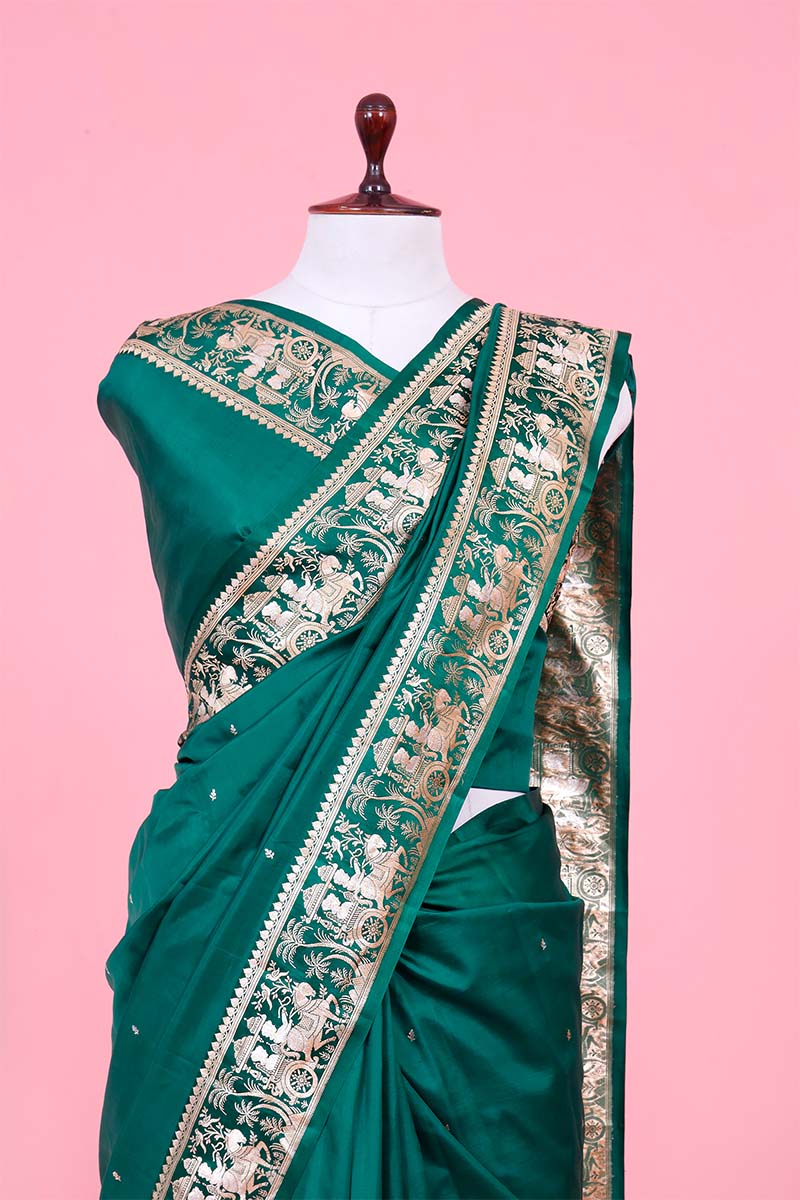 Bottle Green Banarasi Saree with Rajwada and Nartaki Motifs