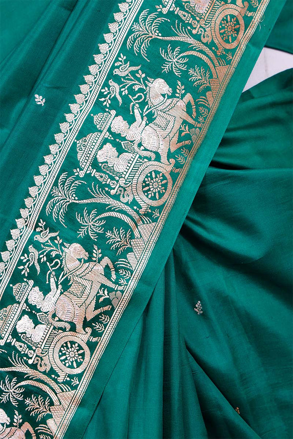 Bottle Green Banarasi Saree with Rajwada and Nartaki Motifs