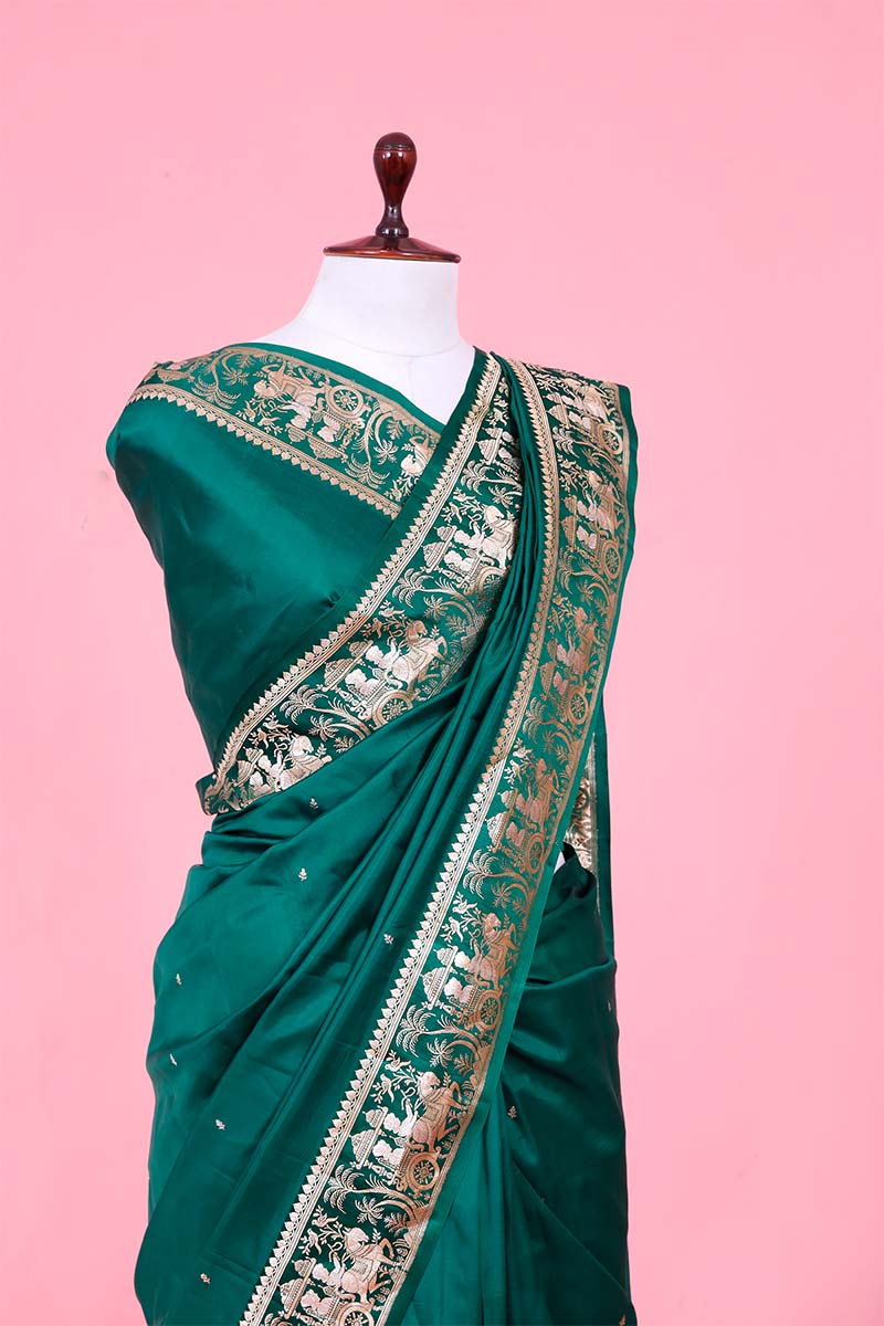 Bottle Green Banarasi Saree with Rajwada and Nartaki Motifs