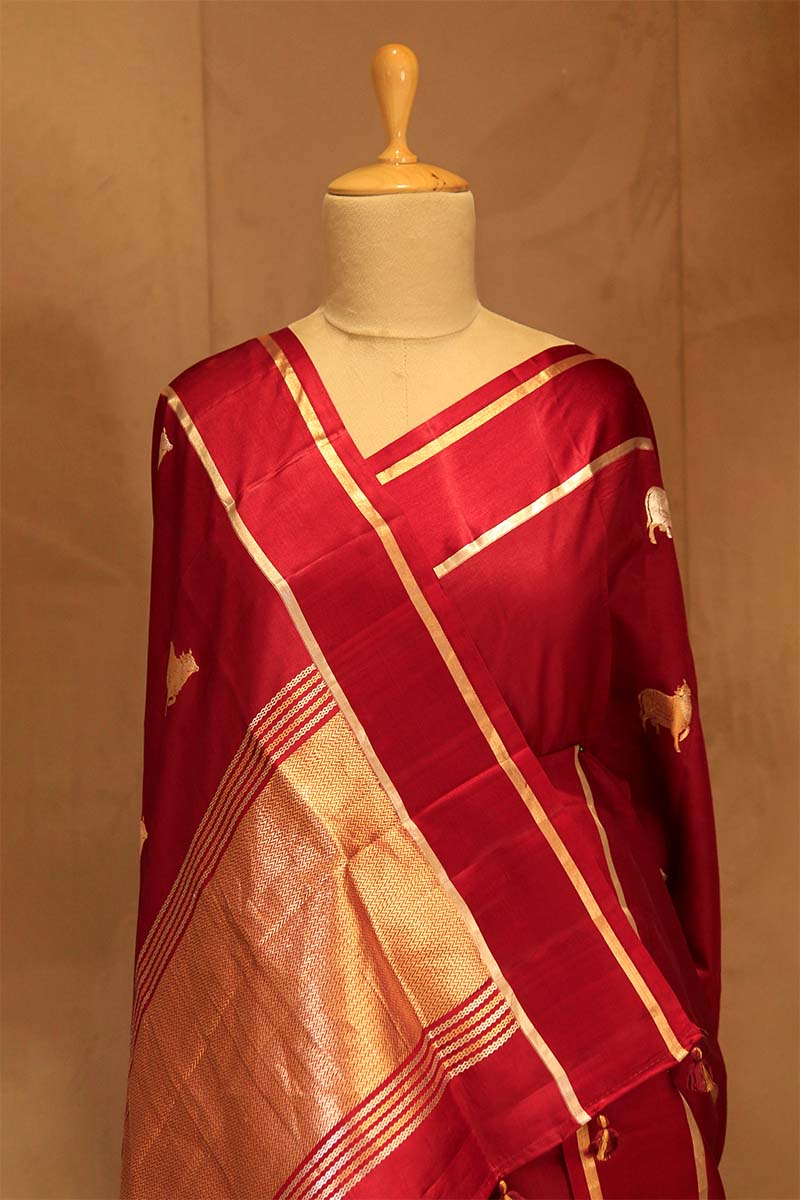 Dark Red Banarasi Puna Silk Saree with Pichwai Aghanya Motifs