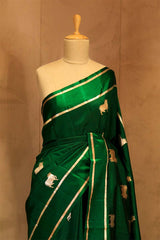 Bottle Green Puna Silk Banarasi Saree with Pichwai Aghanya Motifs