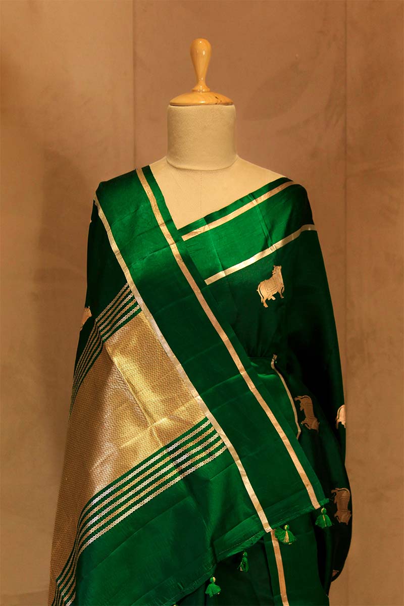 Bottle Green Puna Silk Banarasi Saree with Pichwai Aghanya Motifs