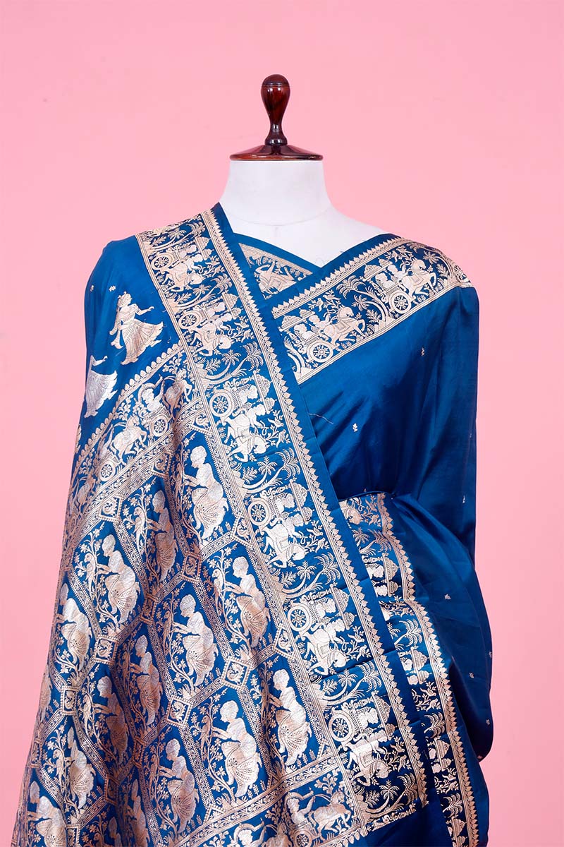 Teal Blue Banarasi Saree with Rajwada and Nartaki Motifs